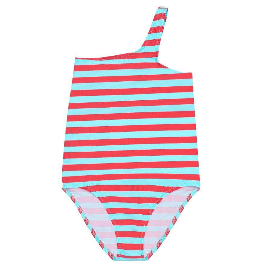 Gina Stripes Tropical Blue Poppy Seed - One shoulder swimsuit 